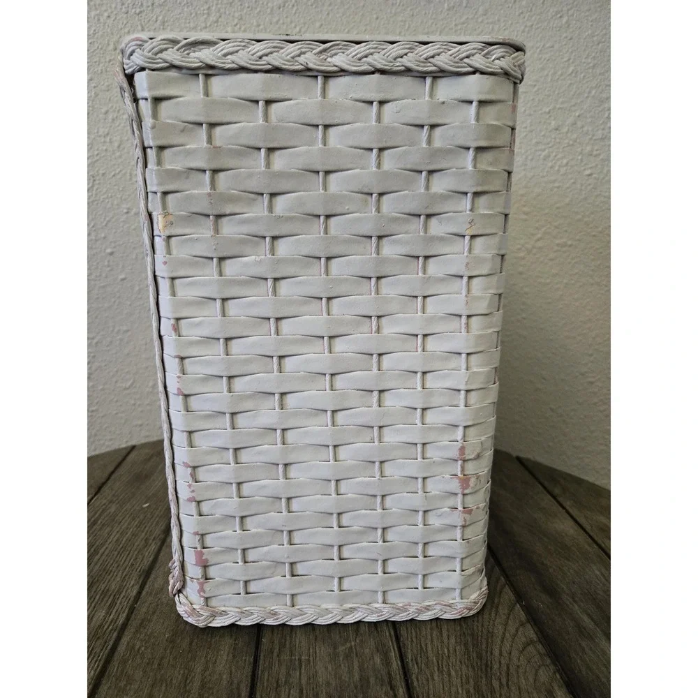 Vintage White Woven Wicker Trash Can Wastebasket Rectangle Shabby Chic MCM READ